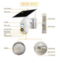 White solar-powered IP security camera diagram with solar panel, mic, speaker, TF slot