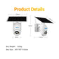 White solar-powered IP security camera with solar panel, dome lens, and size measurements