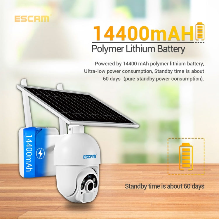 ESCAM solar IP camera with black solar panel and white dome housing for long standby
