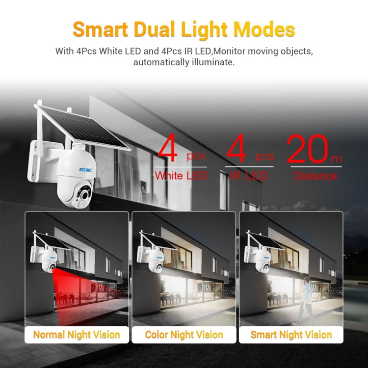 ESCAM solar IP camera with smart night vision dual LED modes and black solar panel