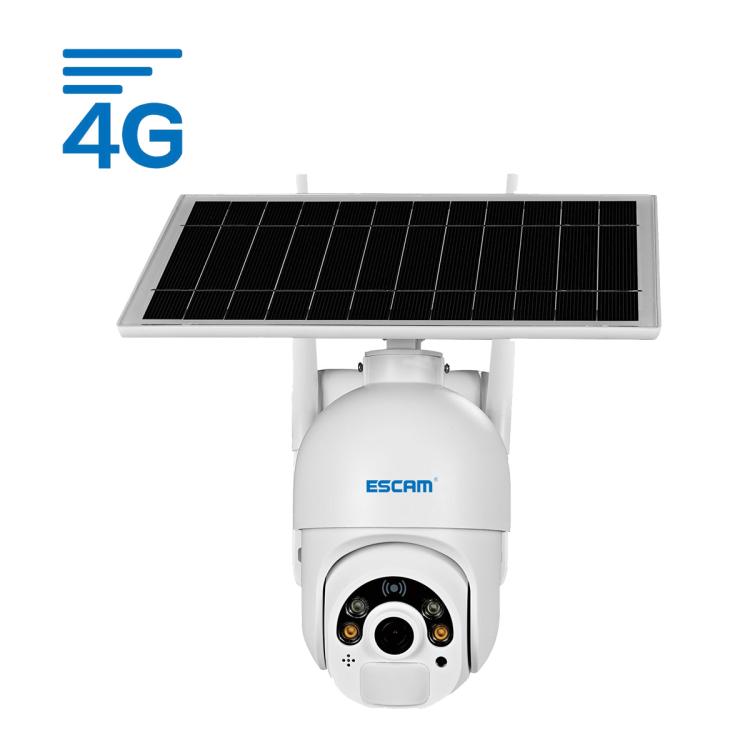 Solar-powered ESCAM IP security camera with solar panel and dome night vision lens