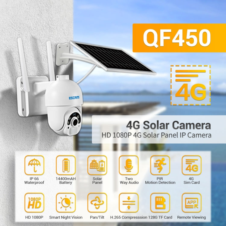 Wall-mounted solar ESCAM IP camera with solar panel and wide-angle night vision lens