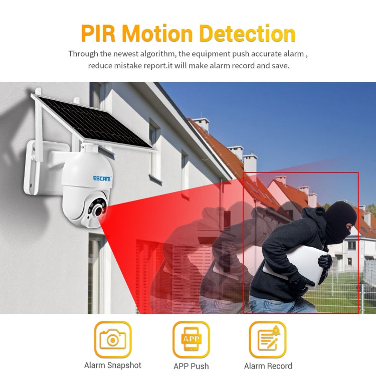 Wall-mounted ESCAM solar IP camera with PIR motion detection and status indicators