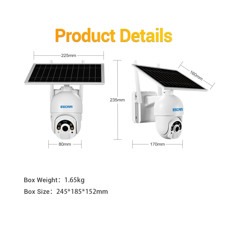 Solar-powered outdoor IP camera with built-in security camera lens and measurement labels