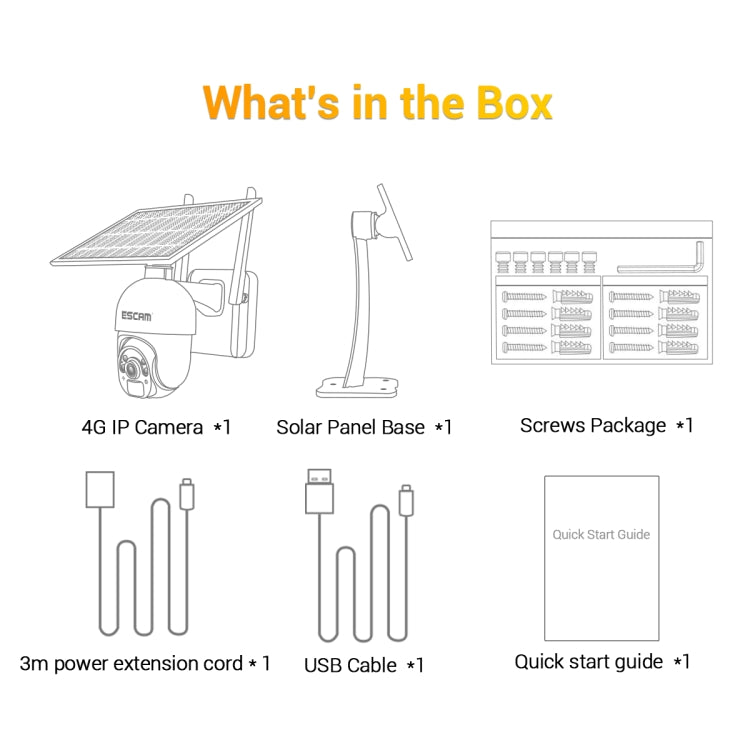Solar IP camera kit contents: 4G camera, solar panel base, cables, screws, quick guide