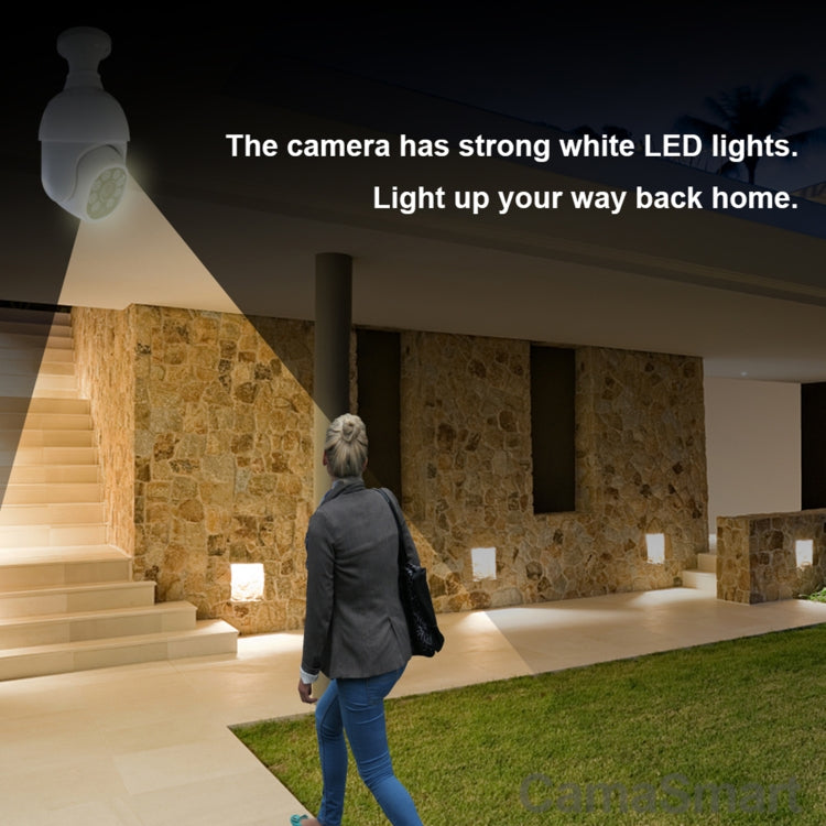 White bulb-style security camera with bright LED light housing near walkway
