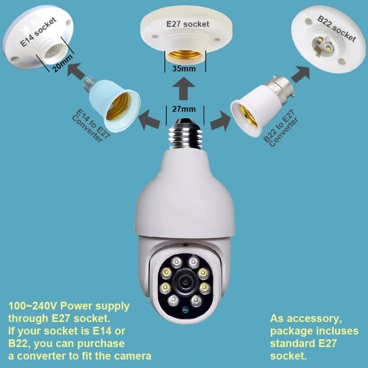 White bulb-style security camera with E27 socket base and adapter options