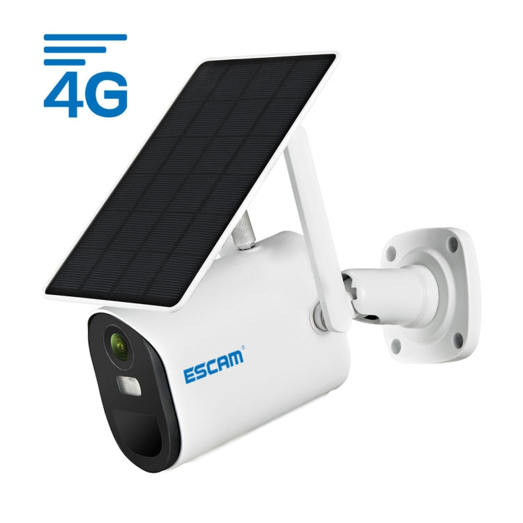 ESCAM white solar panel IP camera with wall mount and wide-angle lens, front view.