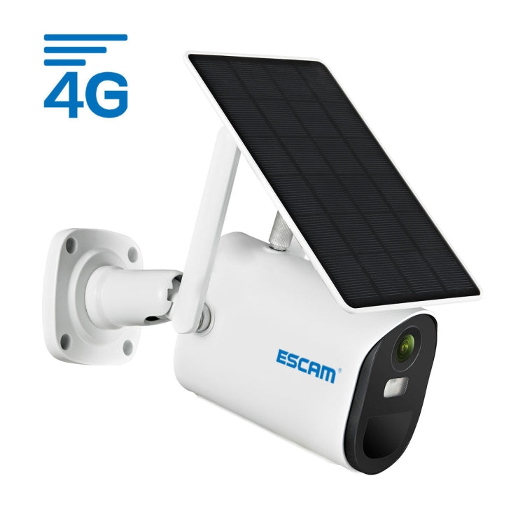 ESCAM white solar panel IP camera with wall bracket mount and wide-angle lens, side view.