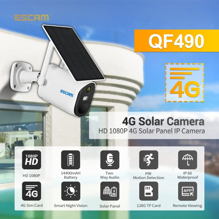 ESCAM solar panel IP camera mounted on bracket, angled lens and fixed solar panel.