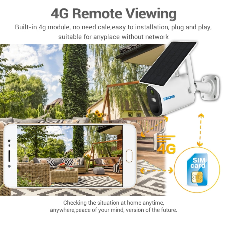 ESCAM white solar panel IP camera with wall bracket mount and wide-angle lens.