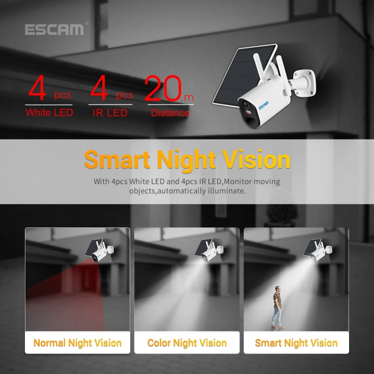 ESCAM solar panel IP camera with white housing and wide-angle lens, night vision view.