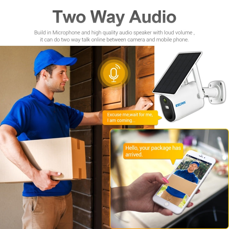 ESCAM white solar panel IP camera with wall mount and wide-angle lens, two-way audio shown.