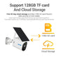 ESCAM white solar panel IP camera with wall mount, wide-angle lens and storage options.