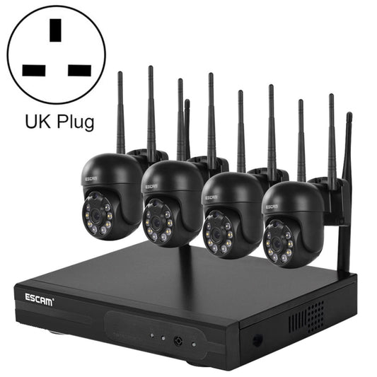 Black wireless dome camera system with 4 cameras and NVR, UK plug