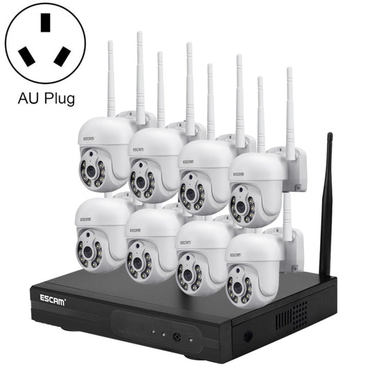 ESCAM wireless security system kit with 8 white cameras and black NVR, AU plug