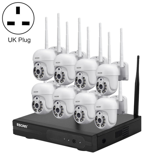 ESCAM wireless security system kit with 8 white cameras and black NVR, UK plug