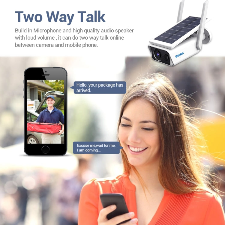Solar Wi‑Fi IP camera with dual lens and two antennas, paired with two-way talk