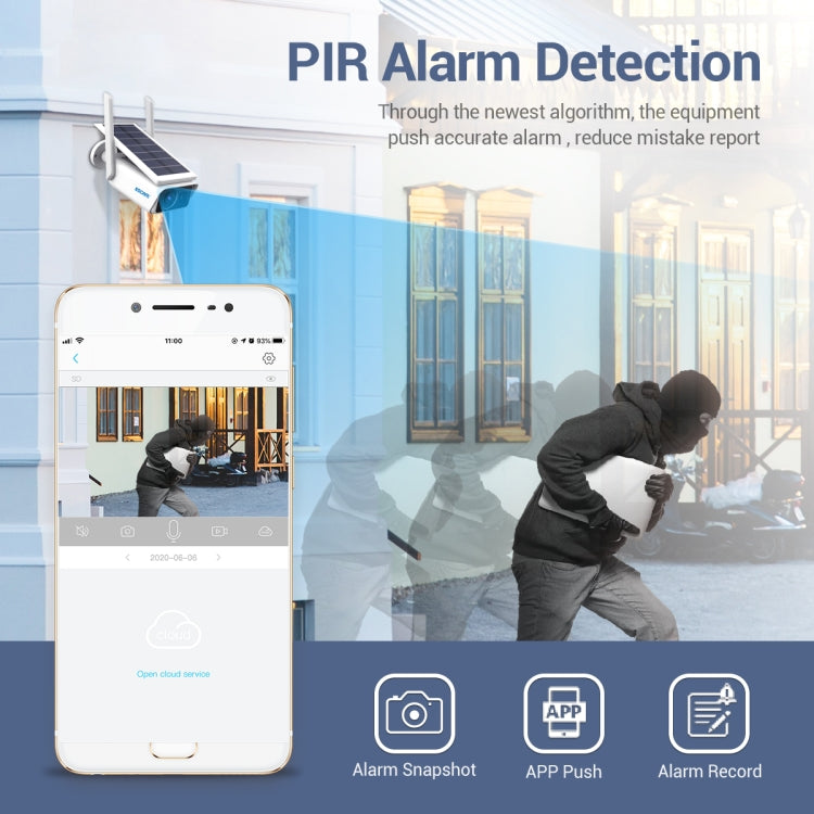 Solar Wi‑Fi IP security camera with PIR alarm detection features
