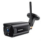 Black outdoor WiFi security camera with long antenna and front lens view