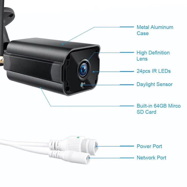 Black security camera front with wide lens and 24 IR LEDs for night viewing
