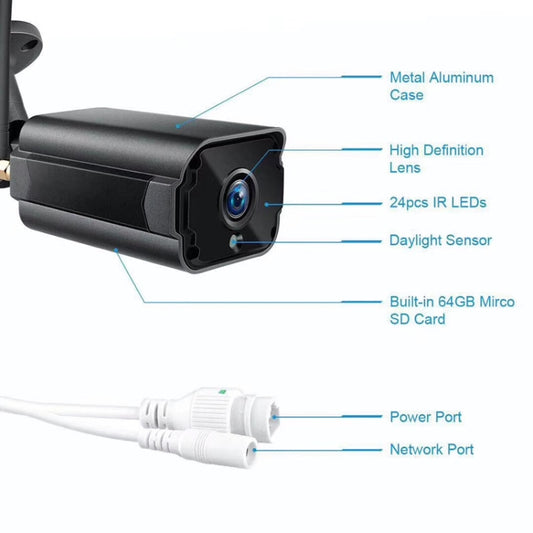 Black security camera front with wide lens and 24 IR LEDs for night viewing