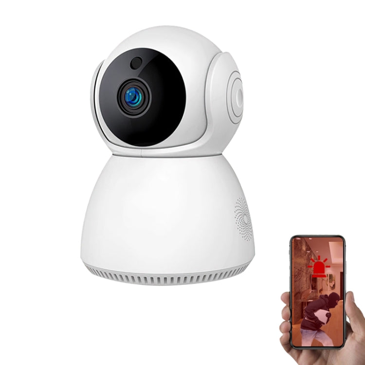 White pan-tilt dome security camera with black lens module and smartphone remote view