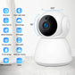 White pan-tilt dome security camera with feature icons around the lens housing