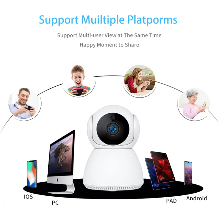 White pan-tilt dome security camera with connected device icons for viewing