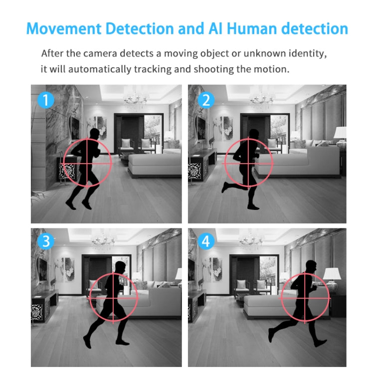 Security camera movement detection graphic with person silhouettes and tracking circles