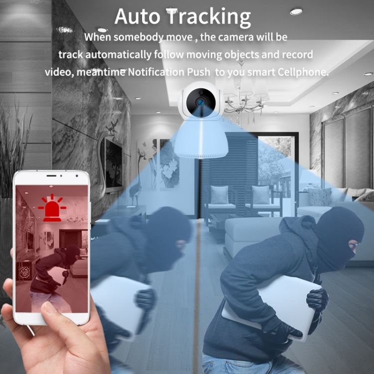 Security camera auto-tracking graphic with detection cone and smartphone notification icon