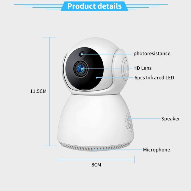White pan-tilt WiFi security camera with visible lens and front speaker grille