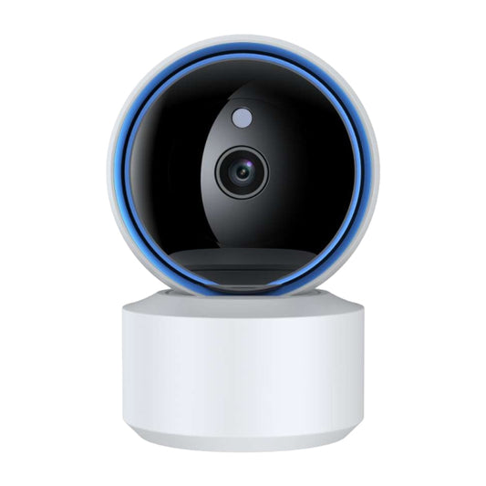 White 360° WiFi security camera with blue LED ring and front lens on a round base.