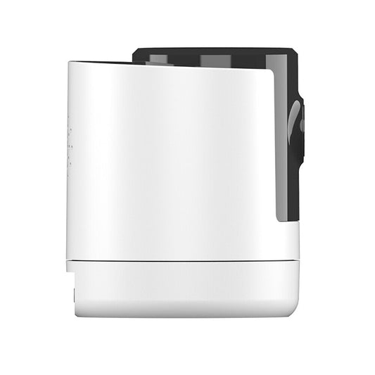 Indoor security camera viewed from the side, white housing and black top
