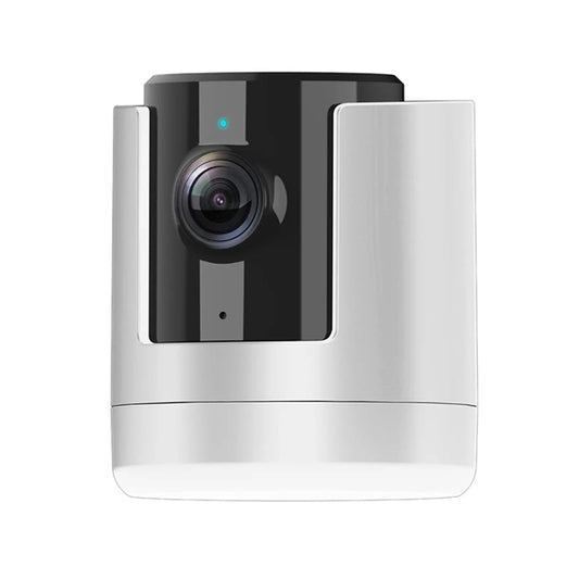 Indoor security camera with black lens module on a white rotating base