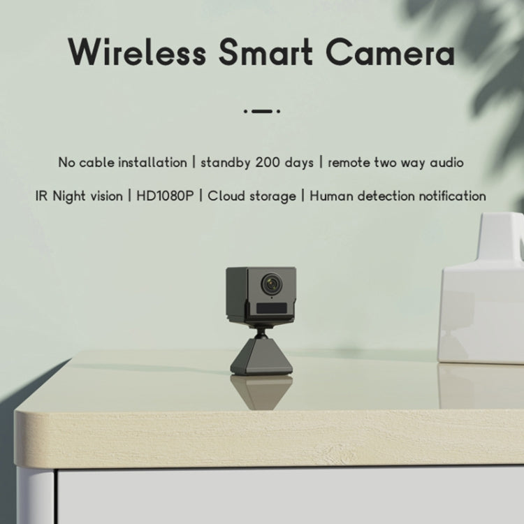 Small wireless smart camera on tabletop stand, black with front lens