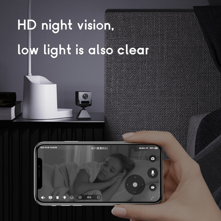 Wireless camera on shelf with low-light phone monitoring view