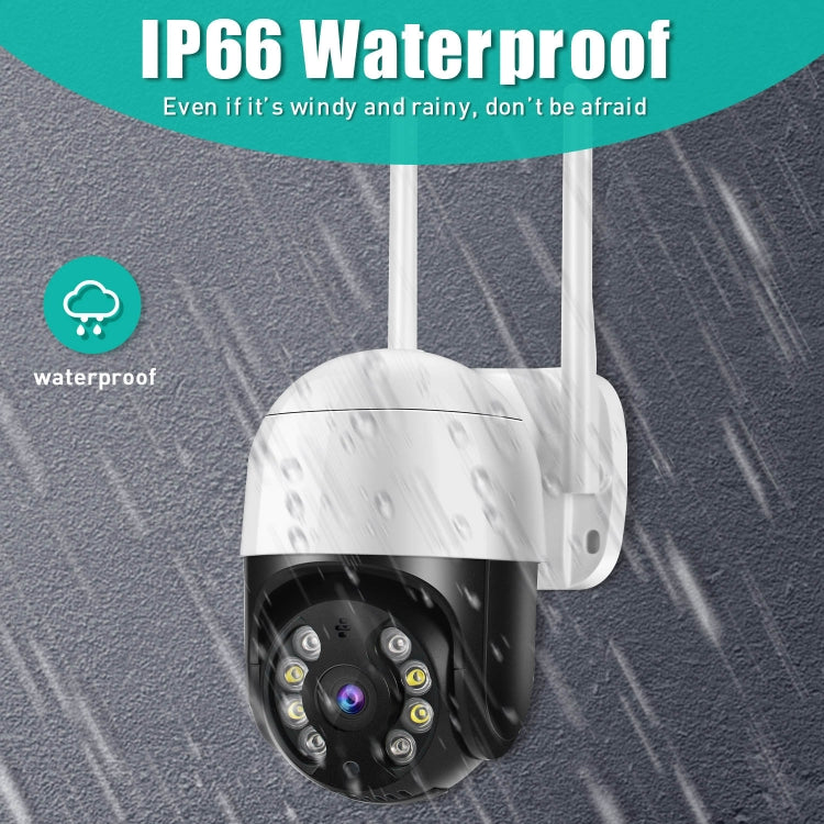 WiFi IP security camera with IP66 waterproof label and rain protection icon, two antennas