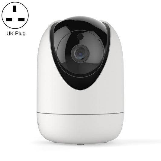 White indoor security camera with black dome housing and front camera lens