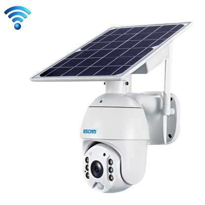 ESCAM solar powered IP security camera with black lens, on a white PTZ mount and panel