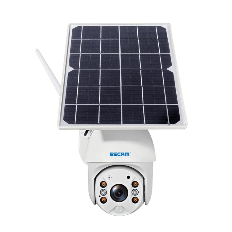 ESCAM outdoor solar camera with square solar panel and rotating dome camera front