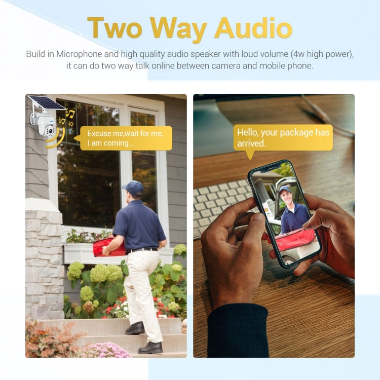 Solar IP security camera with built-in microphone and speaker for two-way audio