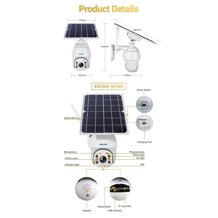 ESCAM QF280 solar IP camera diagram showing solar panel, lens, mic, and speaker