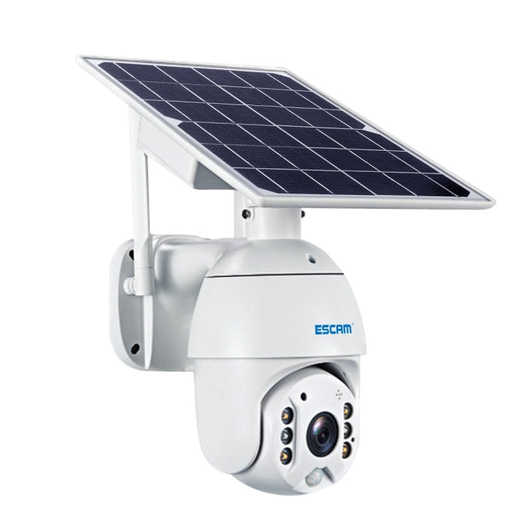 ESCAM WiFi solar security camera with extended white arm and angled solar panel