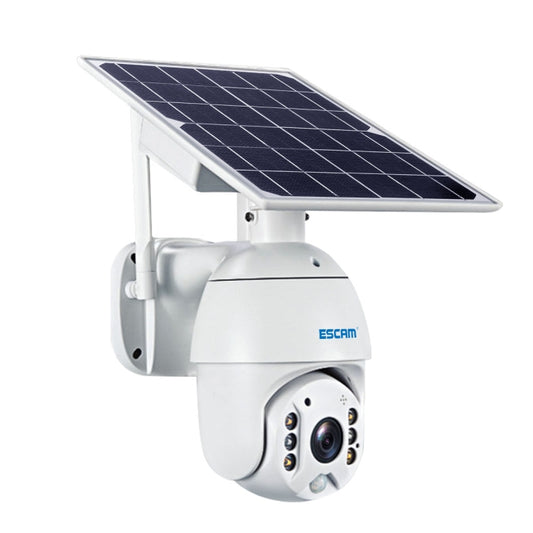 ESCAM WiFi solar security camera with extended white arm and angled solar panel