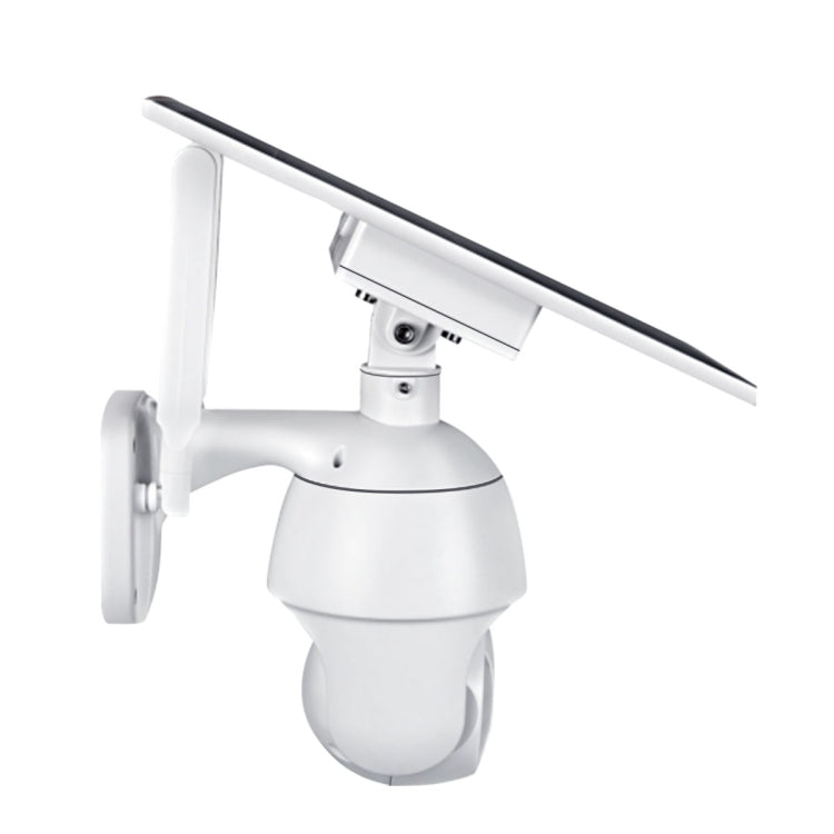 ESCAM solar security camera from the side, showing white housing and roof-mounted panel
