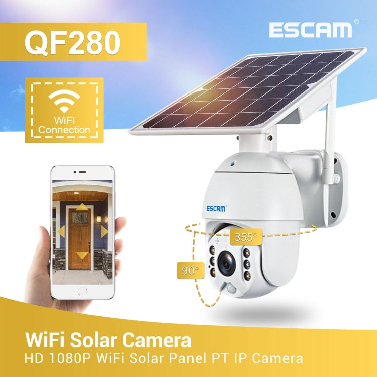 ESCAM solar powered security camera with WiFi-enabled design, solar panel, and dome lens
