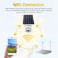 ESCAM solar camera connected to a phone via wireless network, with solar panel on top