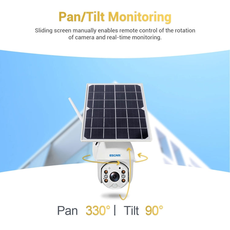 ESCAM solar camera showing pan/tilt monitoring with solar panel and front dome lens