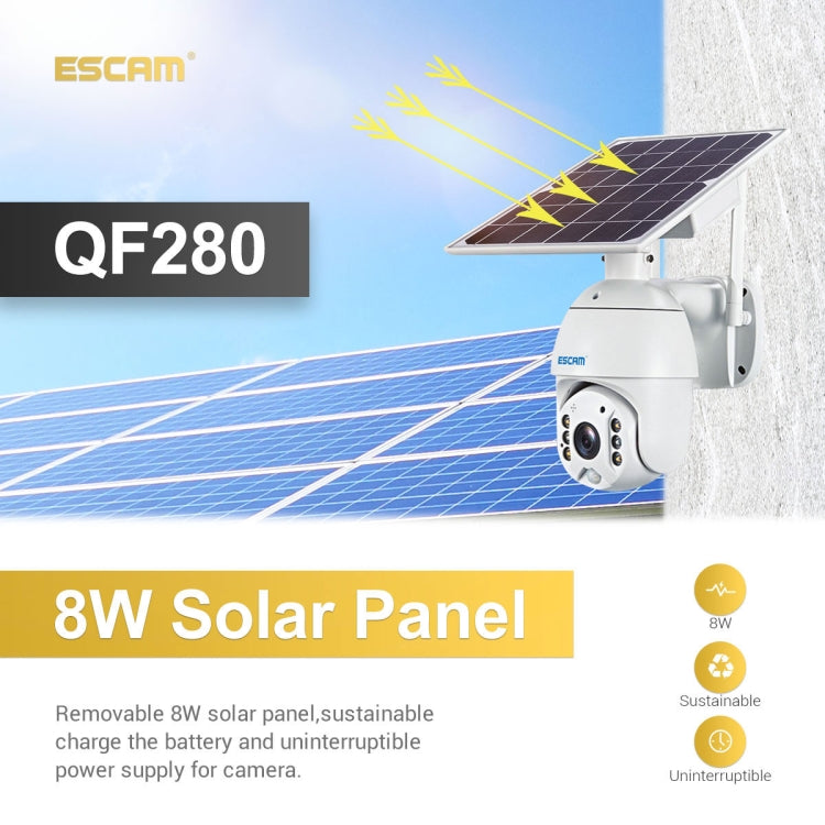 ESCAM solar security camera mounted outdoors with solar panel and compact white dome body